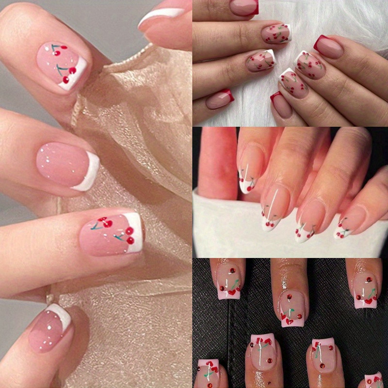 

96pcs (4 Pieces) French Short Nails, Design, Glitter, Red Rhinette, Short Square Fake Nails, Suitable For Women