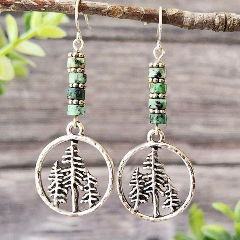 TEMU 2pcs Ring Hollow Beaded Natural Stone Copper Silvery Earrings Woman Gift