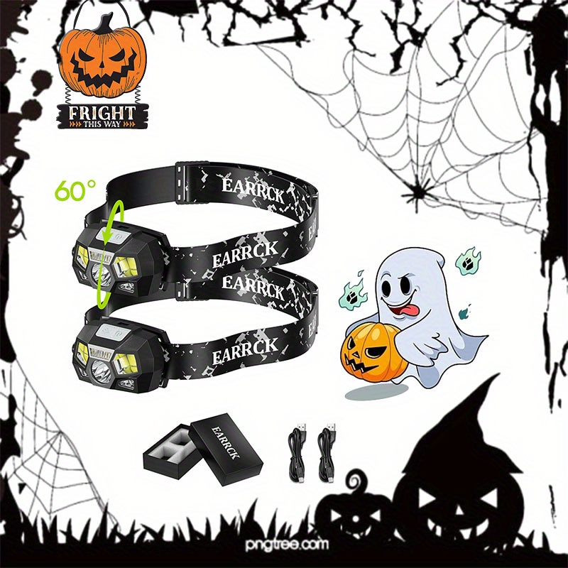 

2pc Halloween Adventure Headlamp, Flashlight, 2500 Lm Headlamp, 8 , White And Red Light Headlamp Flashlight, 60° Adjustable Angle And Tightness, Motion Sensor