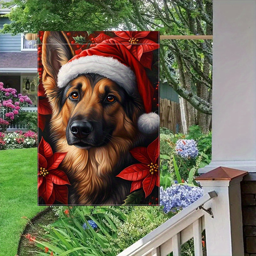 

1pc Double-sided Christmas Dog With Santa Hat And Poinsettias Garden Flag, 28x40 Inches, Polyester, Outdoor Lawn Decoration, No Electricity Needed