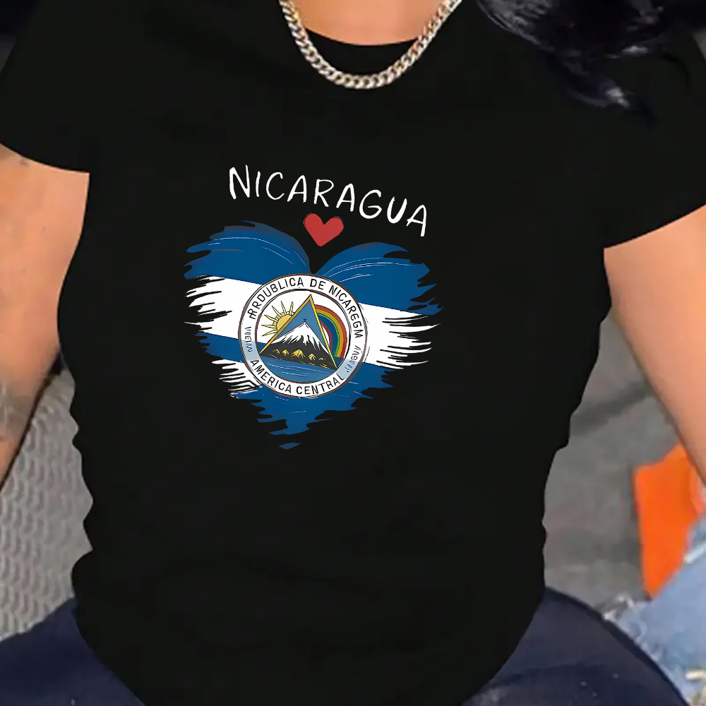 

Nicaragua Love Heart Flag Graphic T-shirt For Women - Casual Crew Neck Short Sleeve Top, Polyester & Spandex , Medium Stretch, Knit Fabric Tee For All