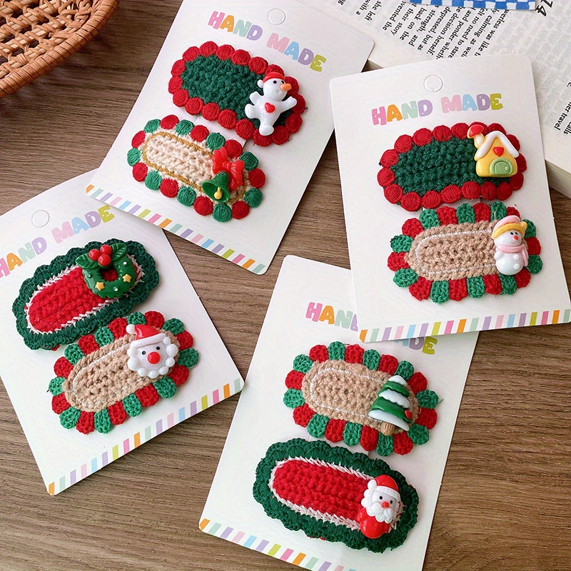 

2pcs/set Christmas Decorative Hair Clips Cute Cartoon Santa Claus Snowman Pattern Knitted Oval Lace Hair Clips