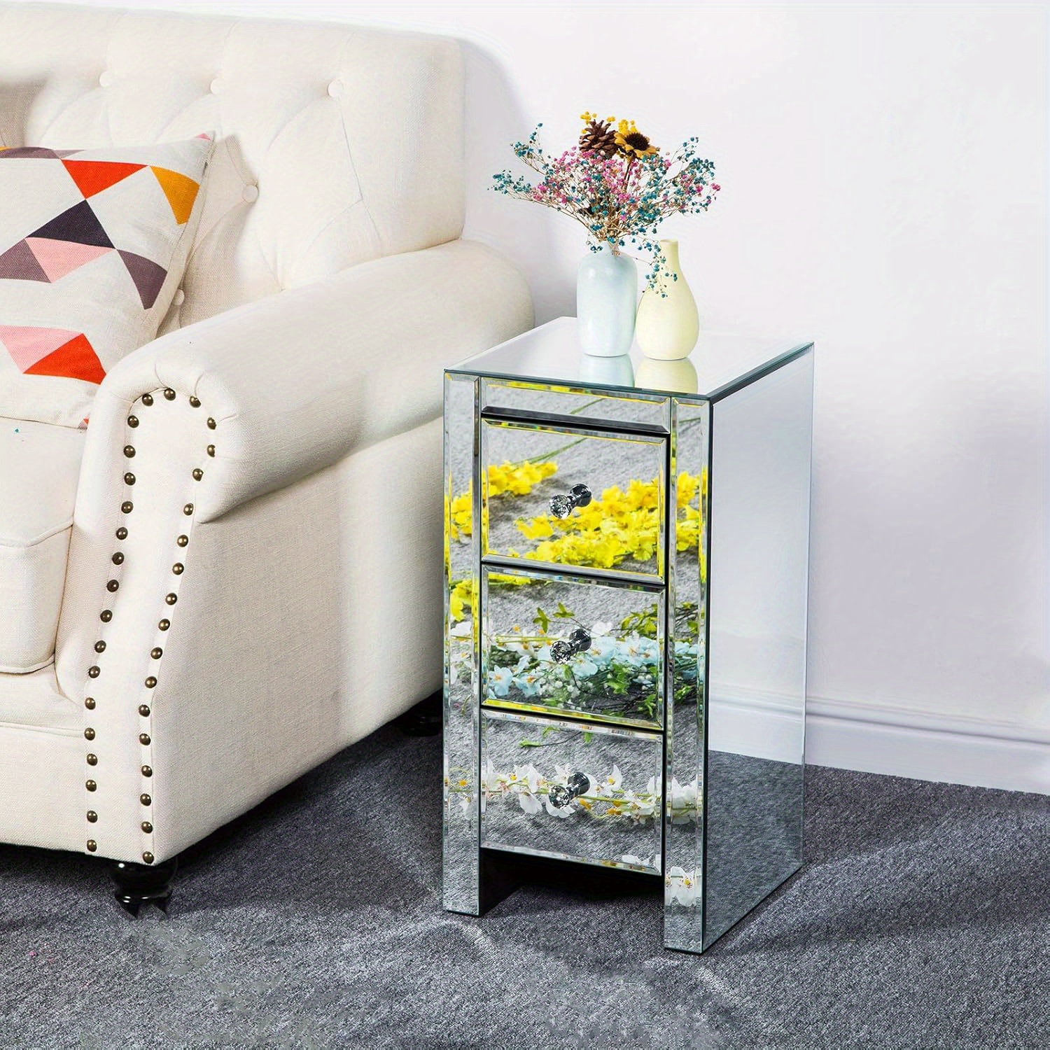 Two-legged Bedside Table With Mirrored Surface And Silvery Density Board, Featuring A Flat Design And 3 Drawers.