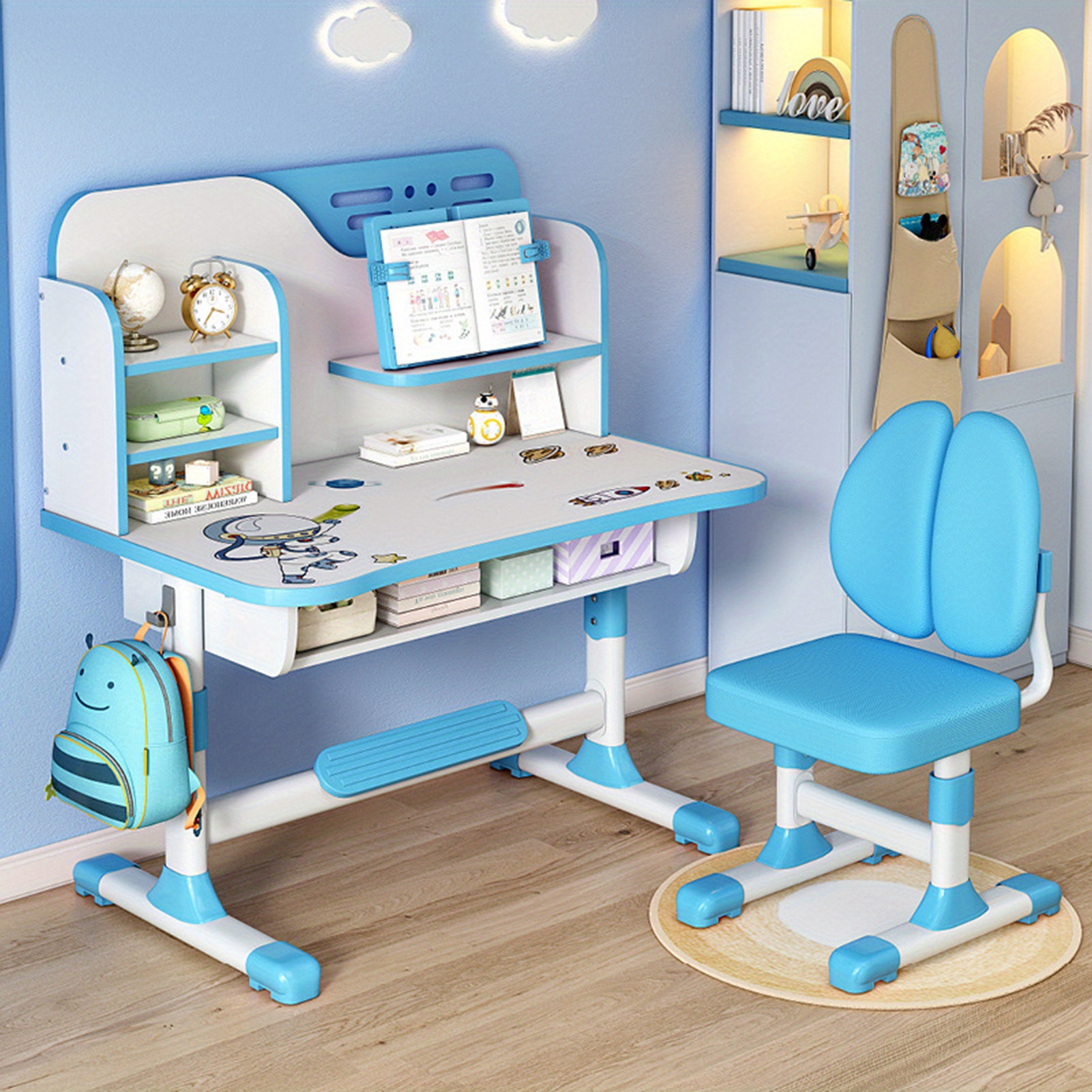 [Large Ergonomic Study Desk Set] A 43.73" x 31.52" x 21.28" study desk and chair set with adjustable height School study desk and chair set, ergonomic desk and chair with large writing board, bookcase and drawer