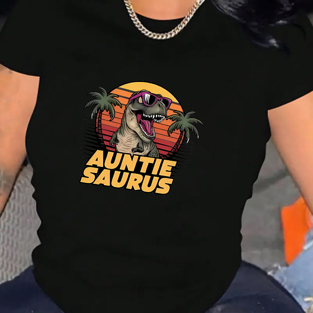 

Auntie Graphic T-shirt For Women - Casual Crew Neck Short Sleeve Dinosaur Print Tee, Polyester Spandex , Breathable Knit Fabric, Vacation & Wear