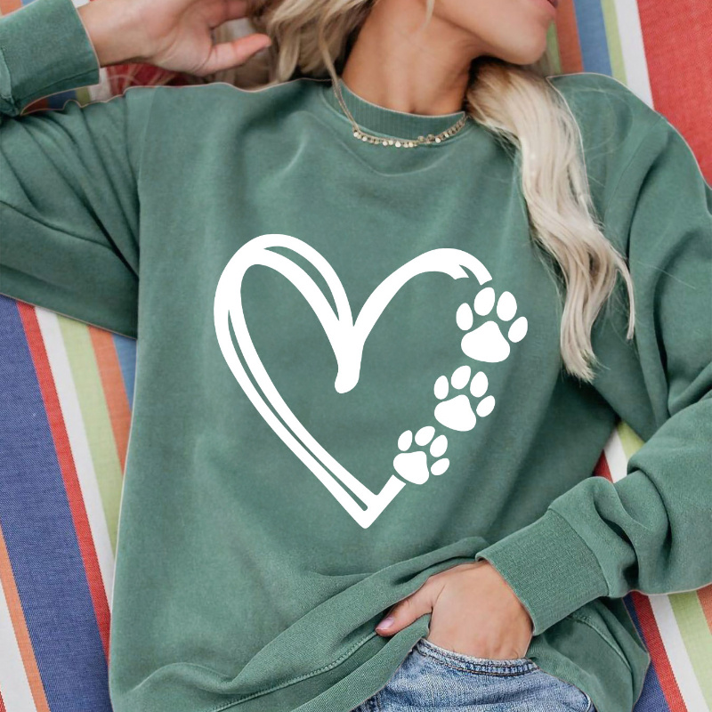 

Heart Print Sweatshirt For Women - Casual Polyester Long Sleeve Hoodie With Round Neck, Knit Fabric, Spring/fall Collection