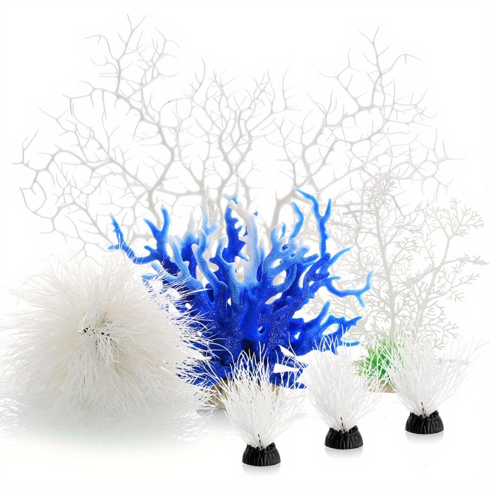 TEMU 7pcs Artificial Coral Ornament Set For Aquarium Decorations (white), Suitable For Fish Enthusiasts, Coral Shapes, With Maintenance-, Home Aquariums, Office Fish Tanks, & Fish Display Settings