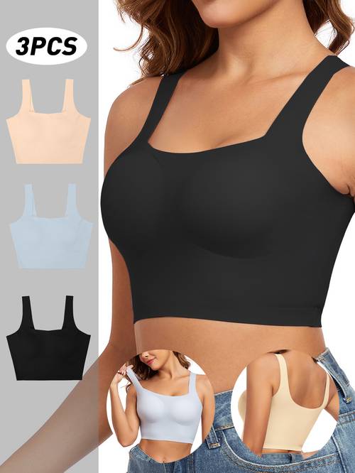 3pcs womens wireless bra vest no underwire removable pads for sports running dates casual attire soft support elegant design 3 colors beige blue black white gray date night top versatile vest style smooth texture fabric sports bra