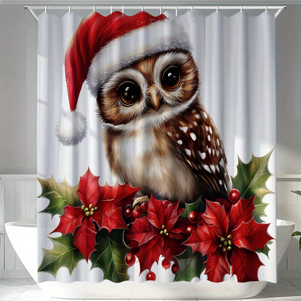 

Home Christmas Owl Printed Bathroom , 1pc, Bath Decor Waterproof Polyester Screen With Hooks, Machine Washable, Woven Landscape Theme With Seasonal Patterns