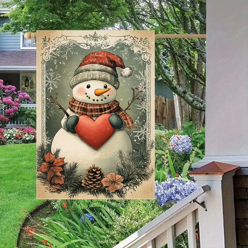 

Double-sided Polyester Christmas Snowman Garden Flag - Outdoor Yard Decoration With Red Heart, Pine Branches & Design, No Electricity Required, 28x40 Inch, 1pc