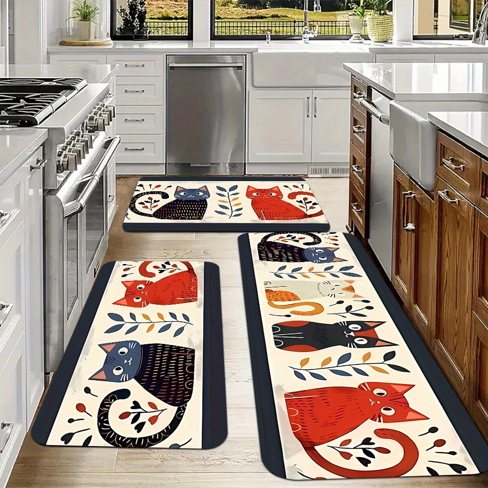 

2/3 Piece Kitchen Rug Set - Polyester Non-slip Machine Washable Mats With Stain Resistant Knit Weave - Lightweight Suede Floor Rugs For Kitchen, Bathroom, Bedroom, Living Room - Cat &