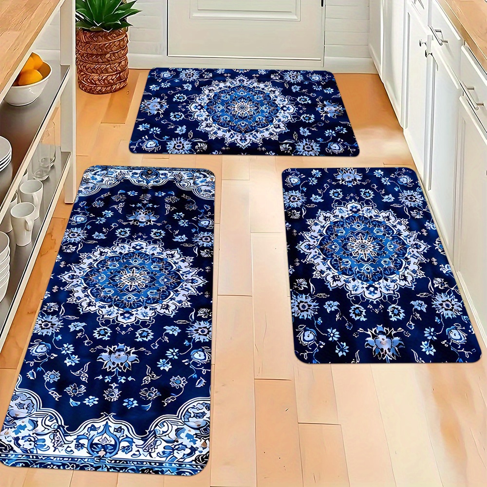 

Bohemian Blue Patterned Polyester Kitchen Rug Set - 2/3 Piece, Anti-slip, Stain Resistant & Machine Washable Non-slip Mats For Home Decor, Lightweight Knit Floor Carpets For Living Room, Bedroom, Bath