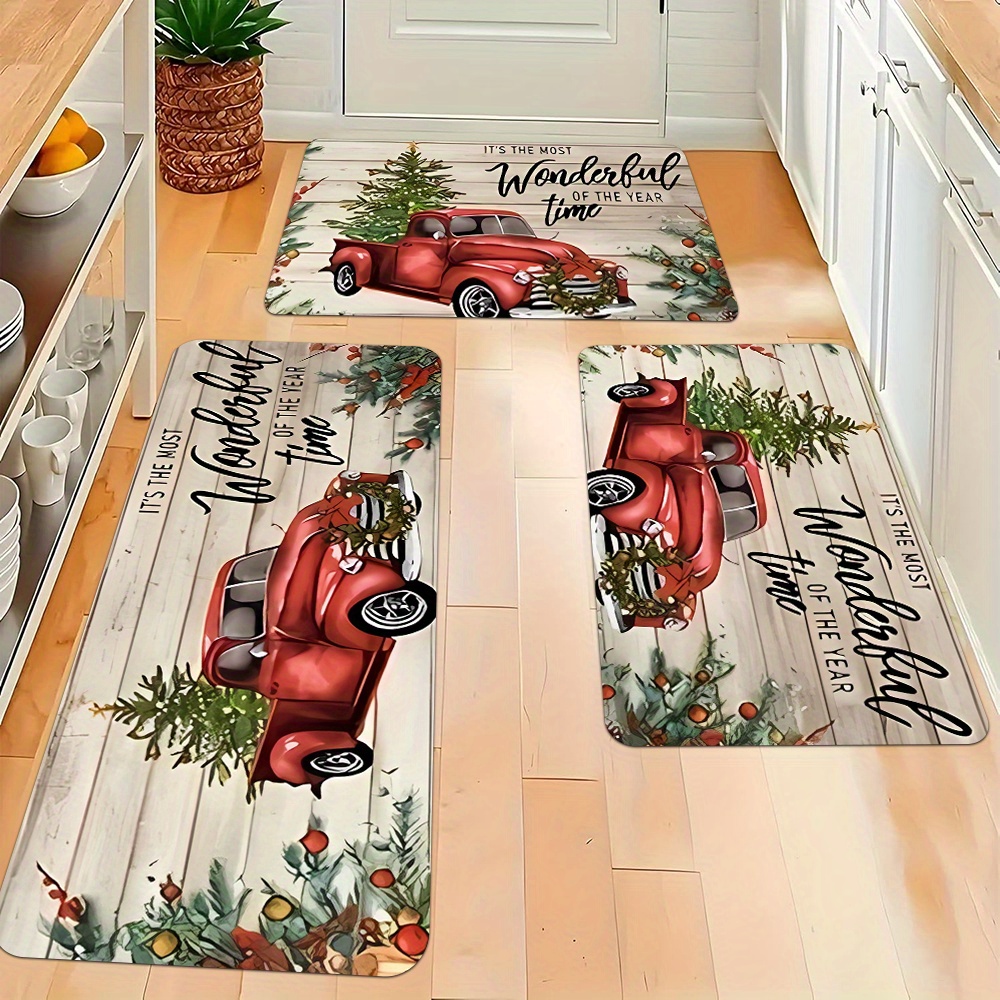 

Christmas Kitchen Rug Set - 2/3 Piece Non-slip Polyester Kitchen Mats, Lightweight And Stain Resistant, Knit Weave Holiday Carpets For Kitchen, Hallway, Bathroom - Machine Washable, Decor