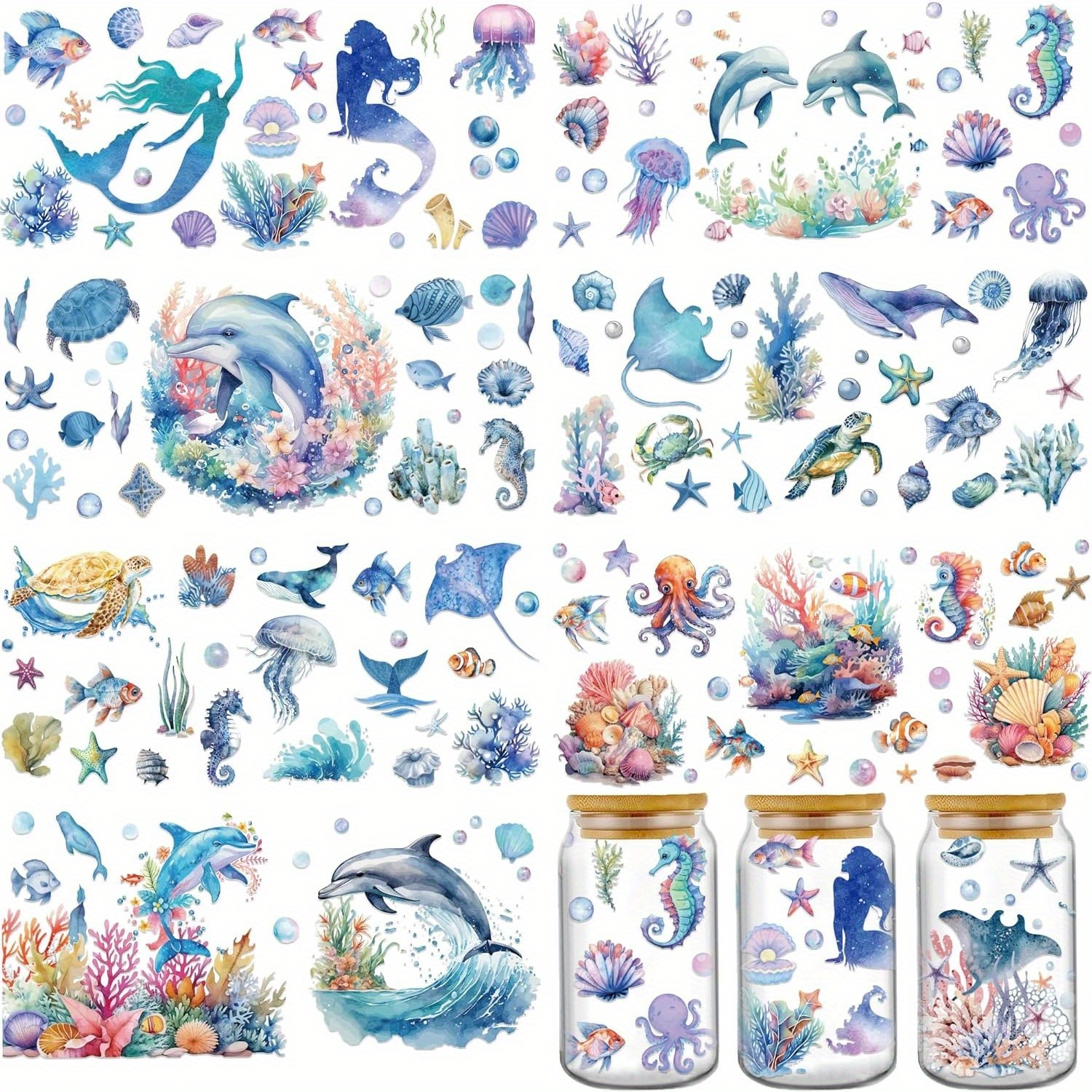 Image of Transfer Cup Wraps Stickers - 8 Sheets Sea Animals Uv Dtf Cup Wraps For 16oz Glass Coffee Mug, Dolphin Mermaid Seahorse Rub On Transfer Stickers For Diy Water Bottle Suitcase Craft Decorate