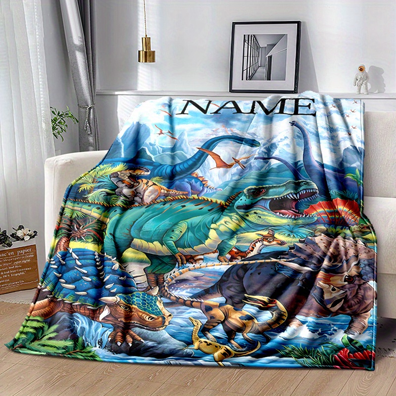 

Custom Name Personalized Cartoon Dinosaur Flannel Blanket, Sofa Office Bed Camping Travel Lunch Blanket, Gift, Polyester, Cozy Knit Outdoor Throw For Home Decor