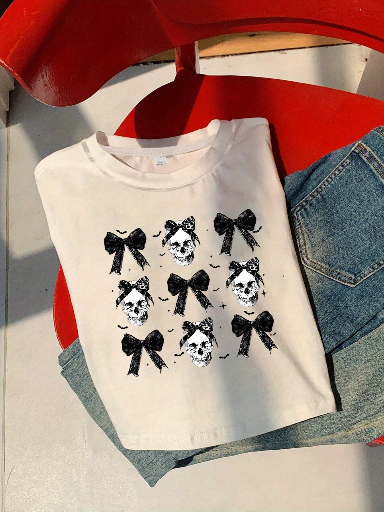 skull print crop t shirt short sleeve crew neck y2k top - Temu