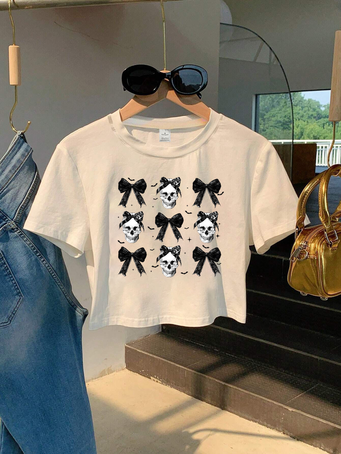 skull print crop t shirt short sleeve crew neck y2k top - Temu