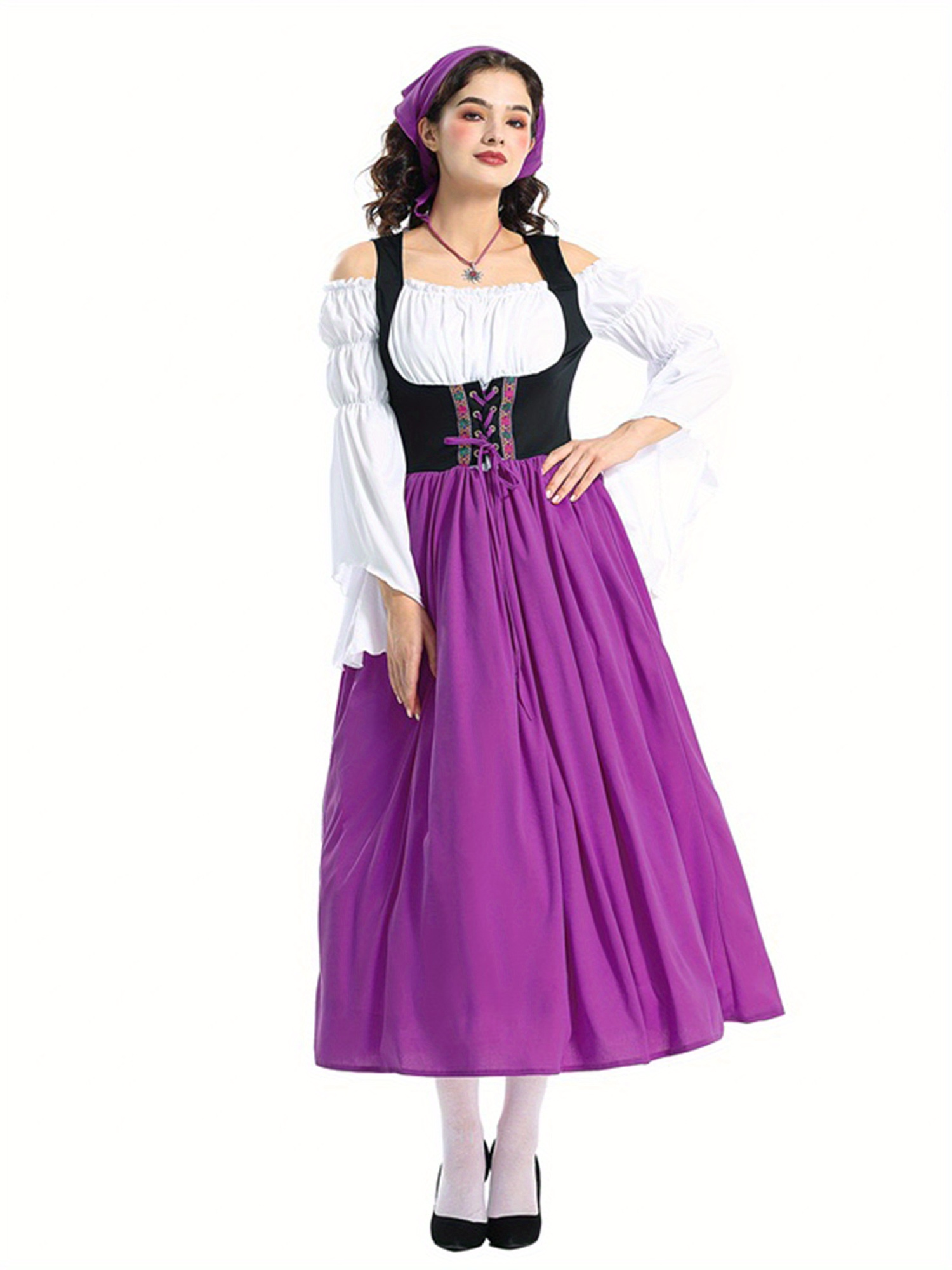Robe Cosplay Femme Manches Longues - Col V Profond - Taille Froncée - Coton Léger