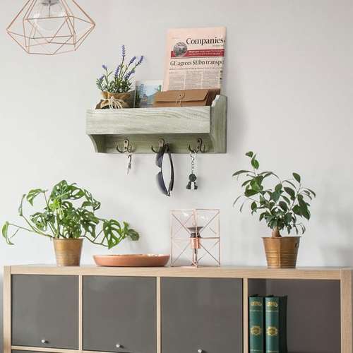 KEPEAK Wall Mounted Key & Mail Organizer – Entryway Shelf With Coat Hooks