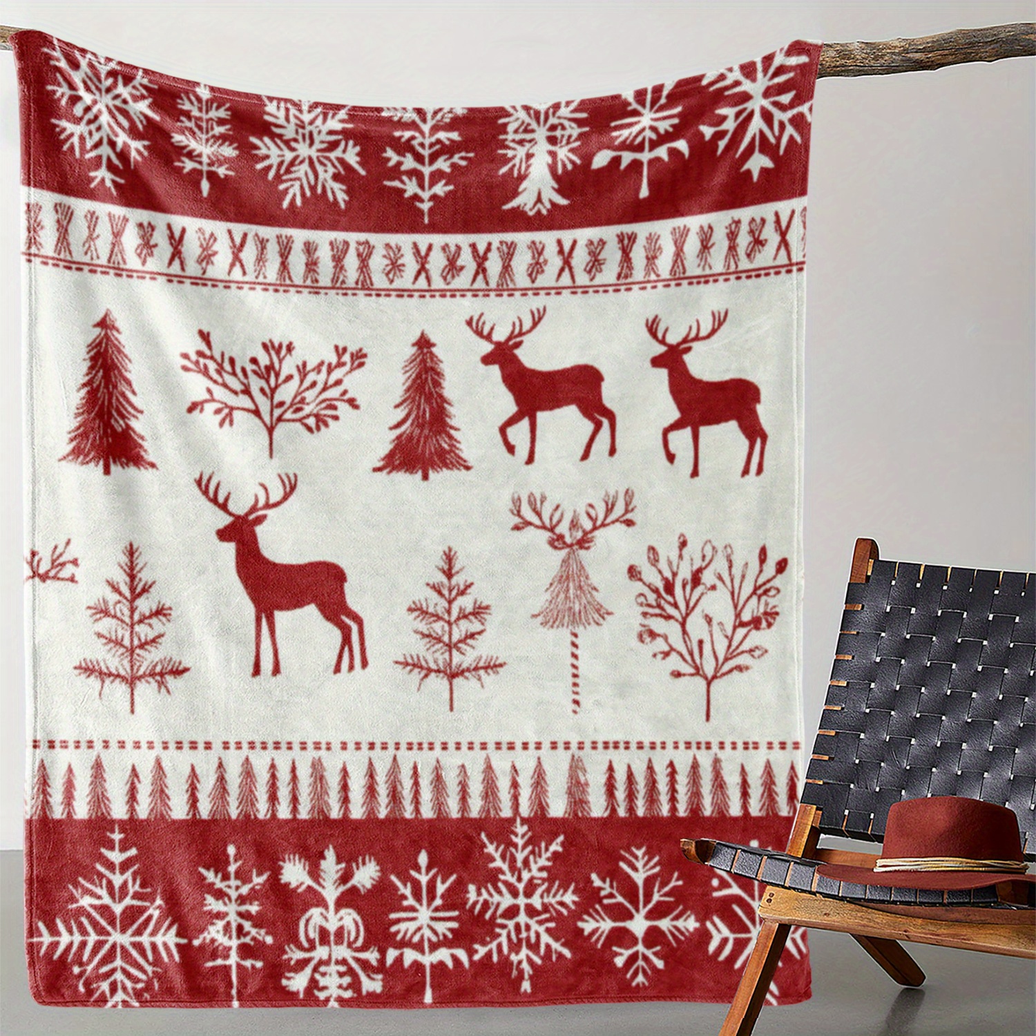 

Vintage Style Christmas Throw Blanket With Deer, Trees, And Snowflakes - Soft, Warm, Knitted Polyester Cozy Blanket For Sofa, Bed, Car, Office, Camping, Travel - Ideal Gift