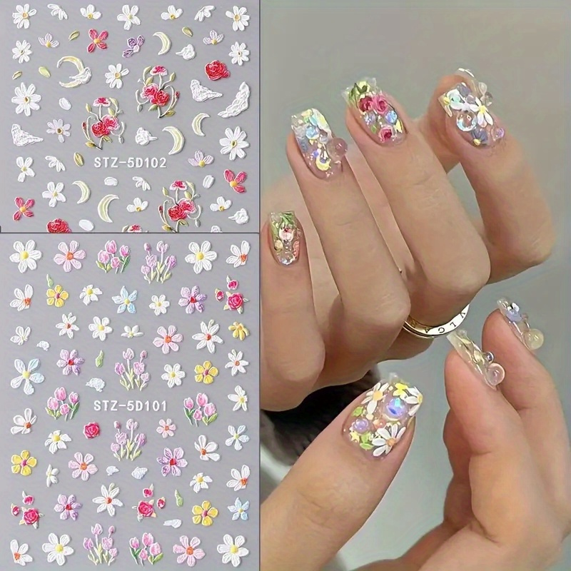 

12 5d Embosed Daisies Art Stickers, Art Deco Stickers, Self-adhesive Nail Art Supplies For Women, Cute Floral Stickers For Women