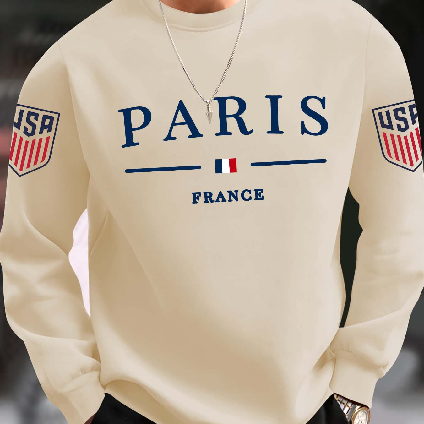 

Paris Print Trendy Sweatshirt, Men's Casual Graphic Neck Pullover Sweatshirt For Men