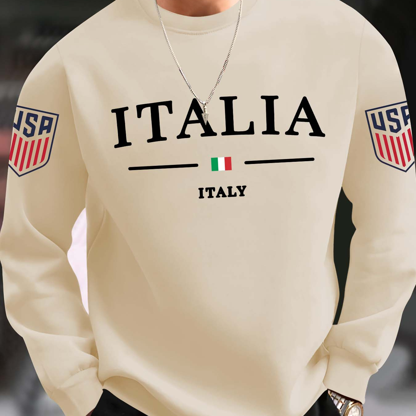 

Italia Italy Print Men's Fashionable Graphic Sweatshirt, Crew Neck, Comfortable Stretch Knit With Polyester, Casual & Trendy Spring/autumn Wear