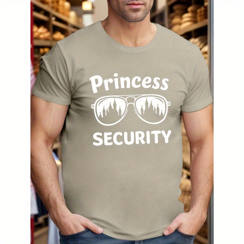 

Men's Casual Short Sleeve T-shirt, Princess Security Castle Glasses Print, Regular Fit, Summer Fashion, Polyester Knit, Round Neck, , Adult Unisex Top