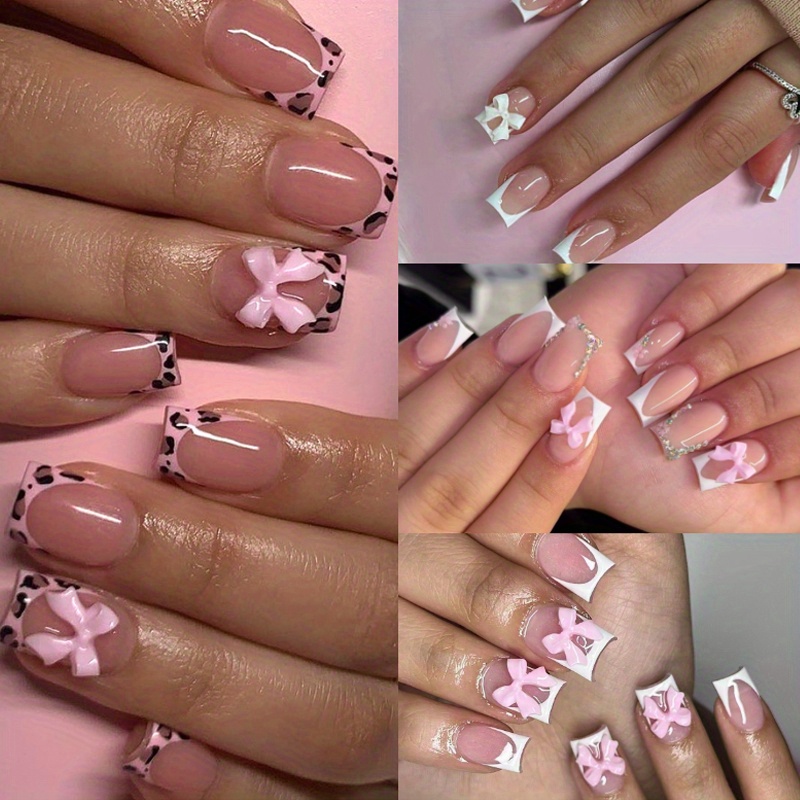 

96pcs (4 Pieces) Short Square Fake , French Fake Nail, Full Bow Leopard Print Fake Nail, Suitable For Women