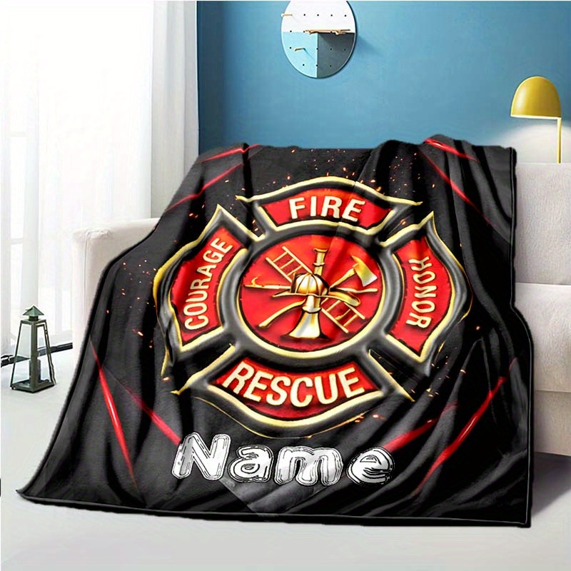 

1pc Firefighter's Name Blanket - Soft & Cozy Polyester Throw With Firefighter Helmet Design, Sofa, Bed, Office, Or Camping - Ideal Gift For Relatives , Blanket | Decorative Throw | Soft Polyester