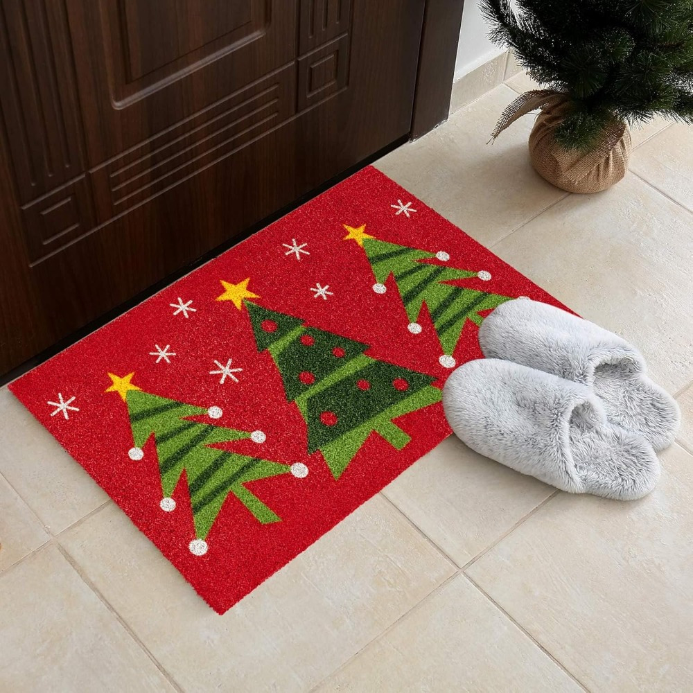 

24"x 16" Christmas Tree Pattern Doormat Red Tree Welcome Floor Mat Non-slip Entrance Door Rugs For Indoor Outdoor Bathroom Decor