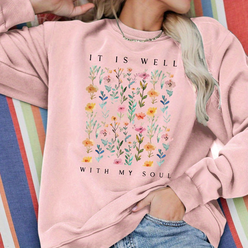 

Women's Floral Sweatshirt, Polyester 100% Knit Crew Neck Casual Pullover, Alphabet Pattern, Lightweight 250g/m² For Spring/fall - Clothing