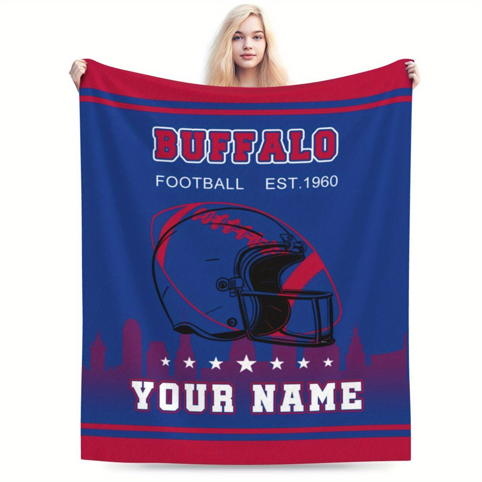 

1pc Customizable Buffalo Football Polyester Throw Blanket - Personalized Sports Fan Gift, Rectangle Knit Fabric, No Electricity Or Battery Needed