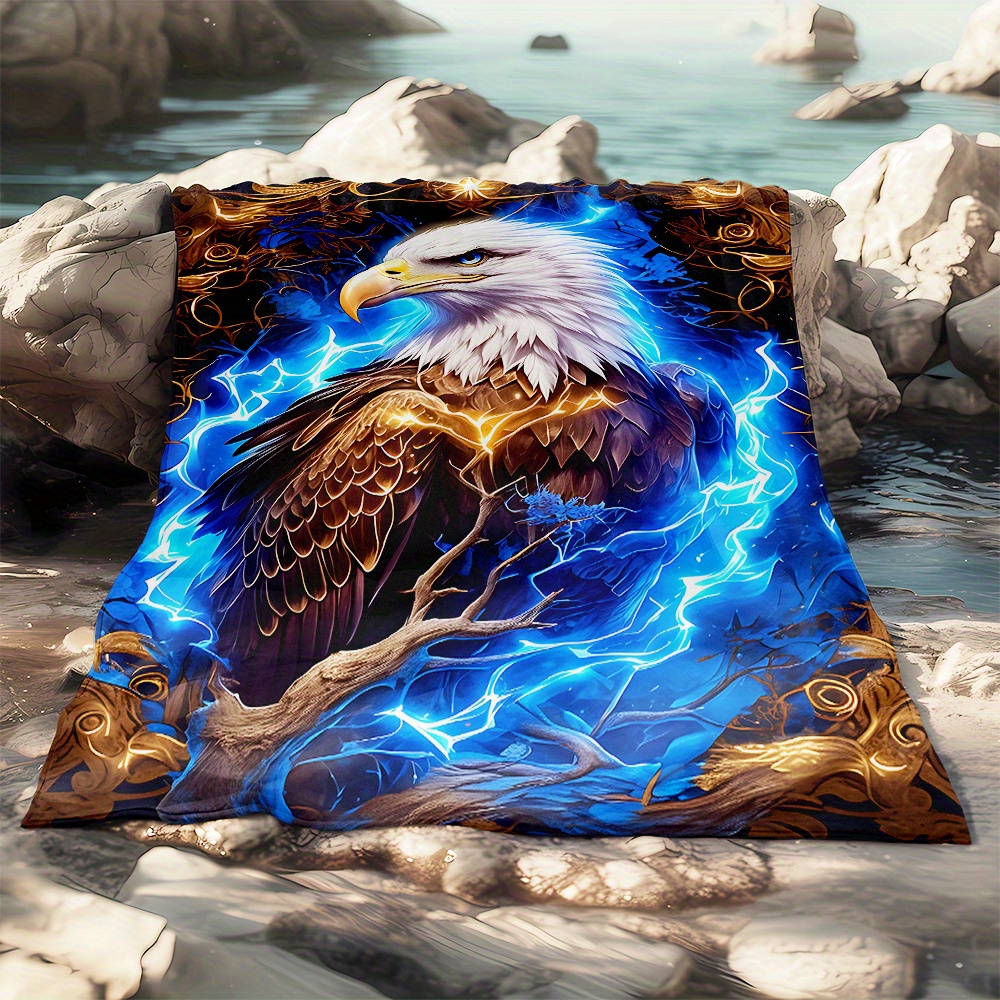 TEMU 1pc Eagle Surrounded By Lightning Personality Print Portable Blanket- Lightweight Flannel Throw For Sofa, Bed, Travel, Camping, Livingroom,
