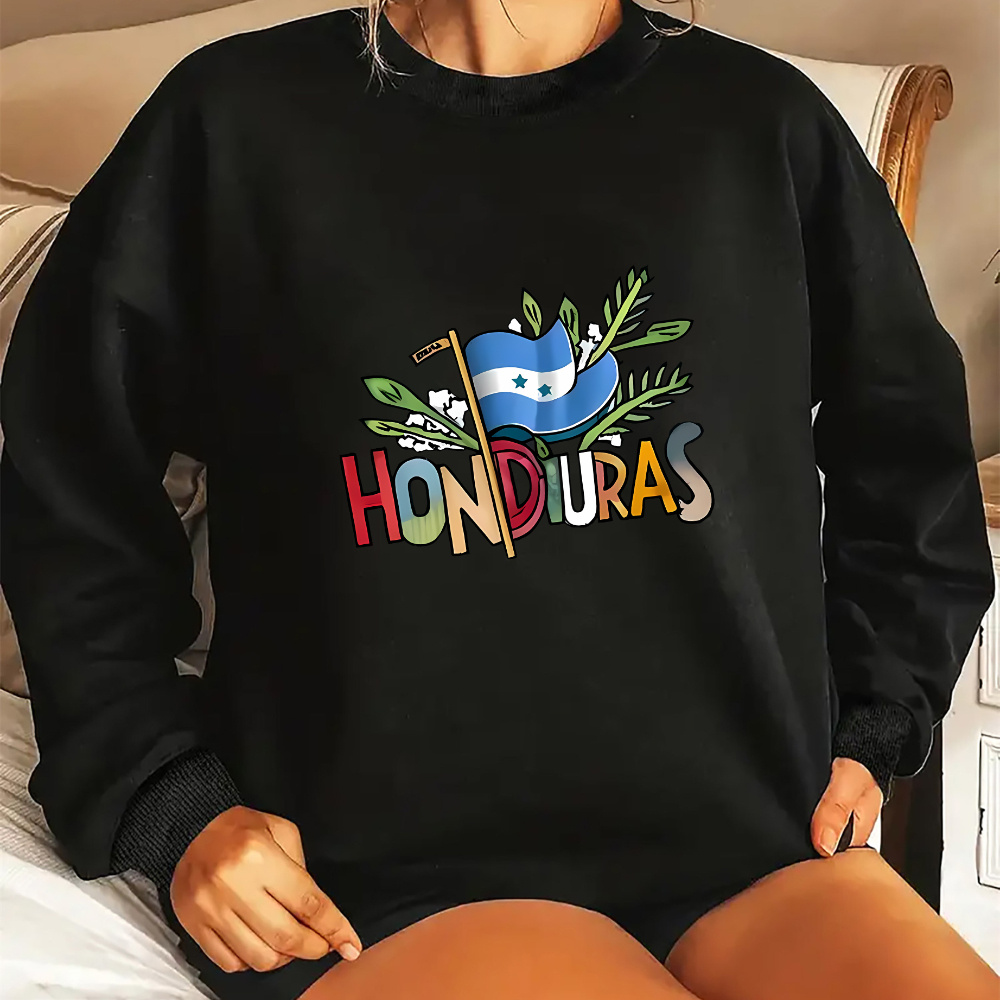 

Honduras Flag Graphic Crew Neck Sweatshirt Women's Casual Polyester Knit Pullover With Slight Stretch - All Season Long Sleeve Activewear Top