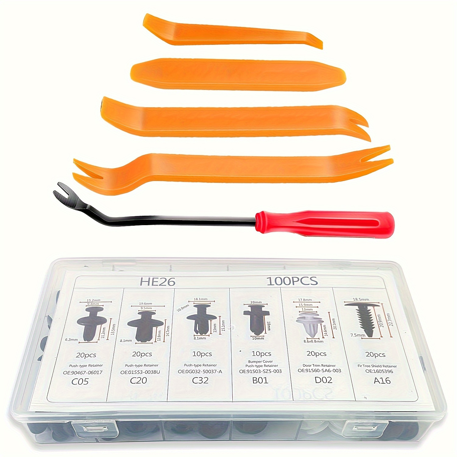 E-shop 100-tlg. Clips + 5-tlg. Entferner Auto-Befestigungs-Sortiment-Set mit Demontagewerkzeugen, universelle Auto-Nylon-Kunststoff-Nieten,
