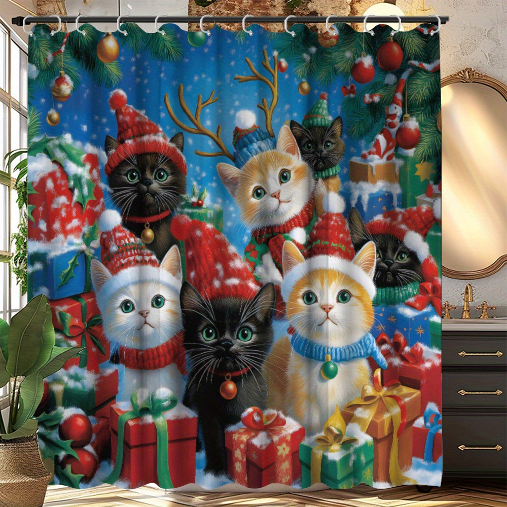 

Christmas Themed Cat Print Bath - Water-repellent Polyester Fabric, Chic Minimalist Tub Divider With 12 Hooks, 70.9x70.9 Inches, Ideal Party Gift