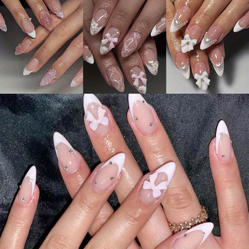 

96pcs (4 Pieces) Pink Wear Nail Ballet Style With Butterfly French Fake Nails Cute Girl Must-have 3d Bow Flower Wear Nail, Suitable For Women