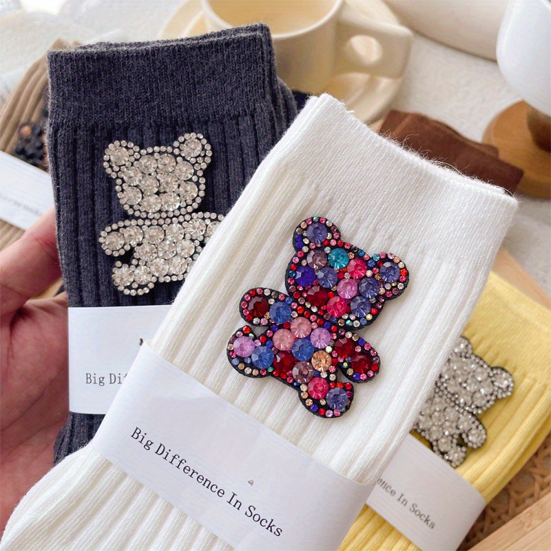 

6 Pairs Ins Design Fashionable Rhinestone Teddy Bear Decoration Mid Tube Socks With Personality And , Suitable For Wearing All