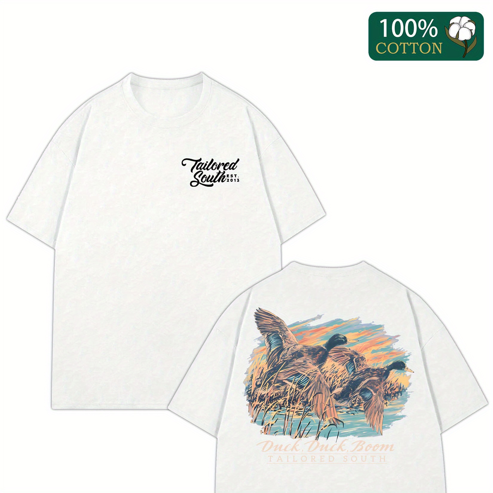 

Men' 100% Cotton T-shirt With Flying Ducks & "back To " Print - Casual Crew Neck, Short Sleeve, Thickened 220g Fabric, Machine Washable - Ideal For Summer