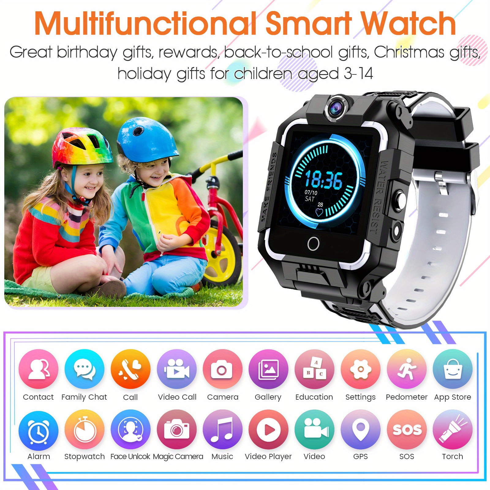 Kid's Smart Watch - Electronic, 360 Degree Rotatable Display, Voice & Video Chat Capabilities, Facial Recognition, Dual Cameras, Photo & Voice Recording, Music & Video Playback, GPS Tracking