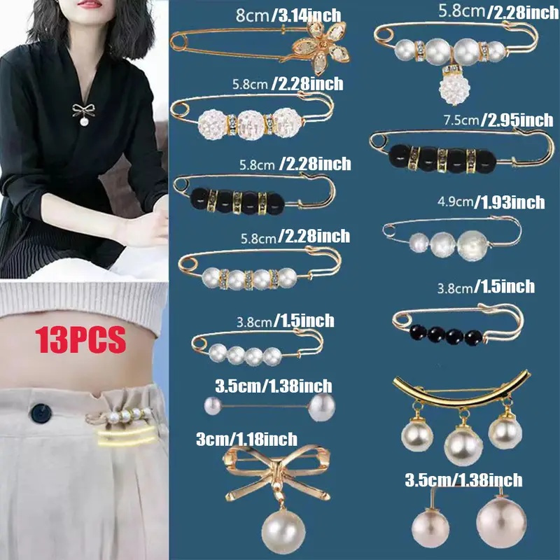 

13pcs Fashion Accessory Set For Women & Girls - Mixed Color Faux Pearl Brooches, Safety Pins, Waist Tighteners, Sweater Shawl Clips & Neckline Pins Fo Christmas Gift