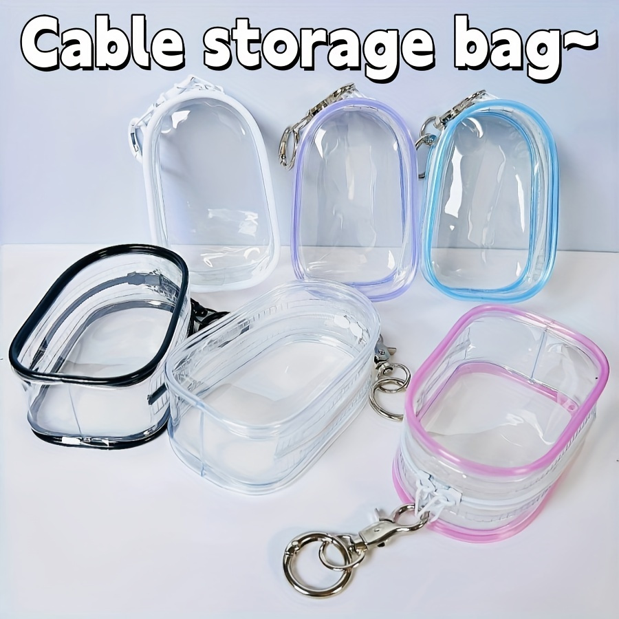 TEMU 6pcs Portable Mini Transparent Zipper Storage Bags, Multi-functional Storage Bags, Headphone And Charger Case With Keychain, Transparent