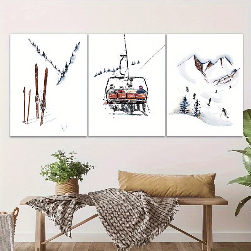

3-piece Skiing Canvas Wall Art Set - Polyester Fiber Color Mountain Landscape Prints, For Home Decor, Living Room, Bedroom, Hallway