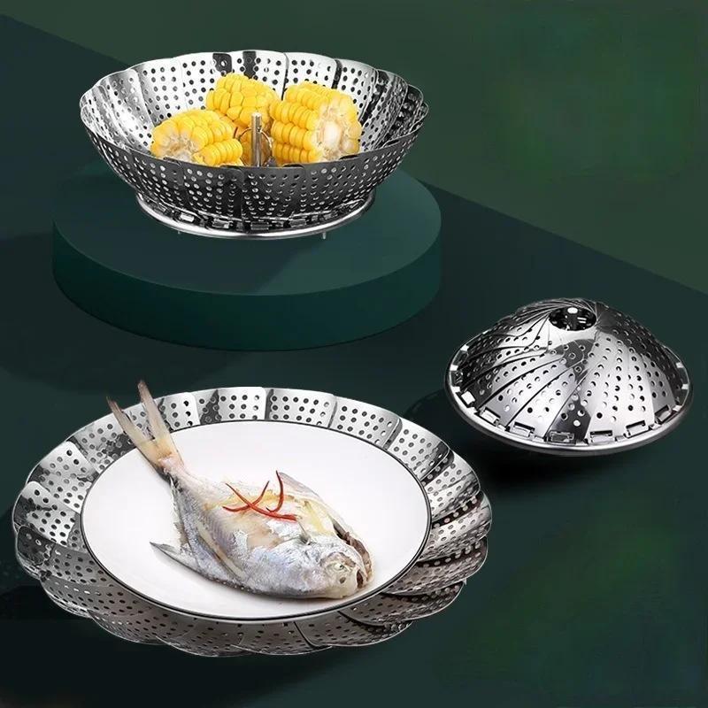 1pc household stainless steel steamer portable folding retractable vegetable steaming plate fruit   plate   steamer frame details 3