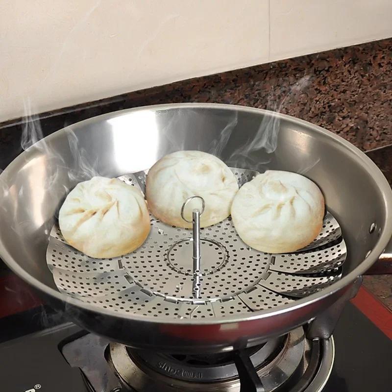 1pc household stainless steel steamer portable folding retractable vegetable steaming plate fruit   plate   steamer frame details 6