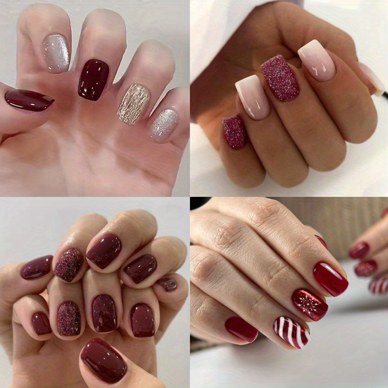 

96pcs (4 Pack) Square Press On Nails Short Burgundy - Christmas Acrylic Short Fake Nails Fall Nails Press Ons, Full Cover Glue On Nails Short Artificial Glitter Designs For Women