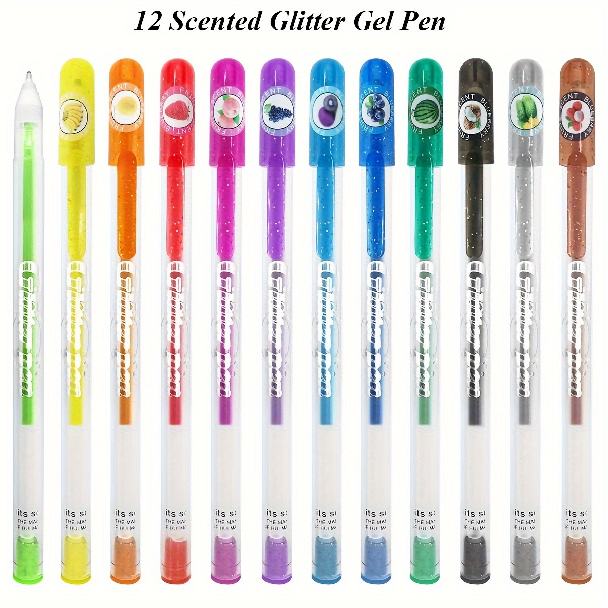 

Lot de 12 stylos à bille gel à paillettes parfumés, couleurs assorties, séchage rapide, pointe moyenne, pour dessin, coloriage, bureau, cartes de vœux et artistiques, plastique