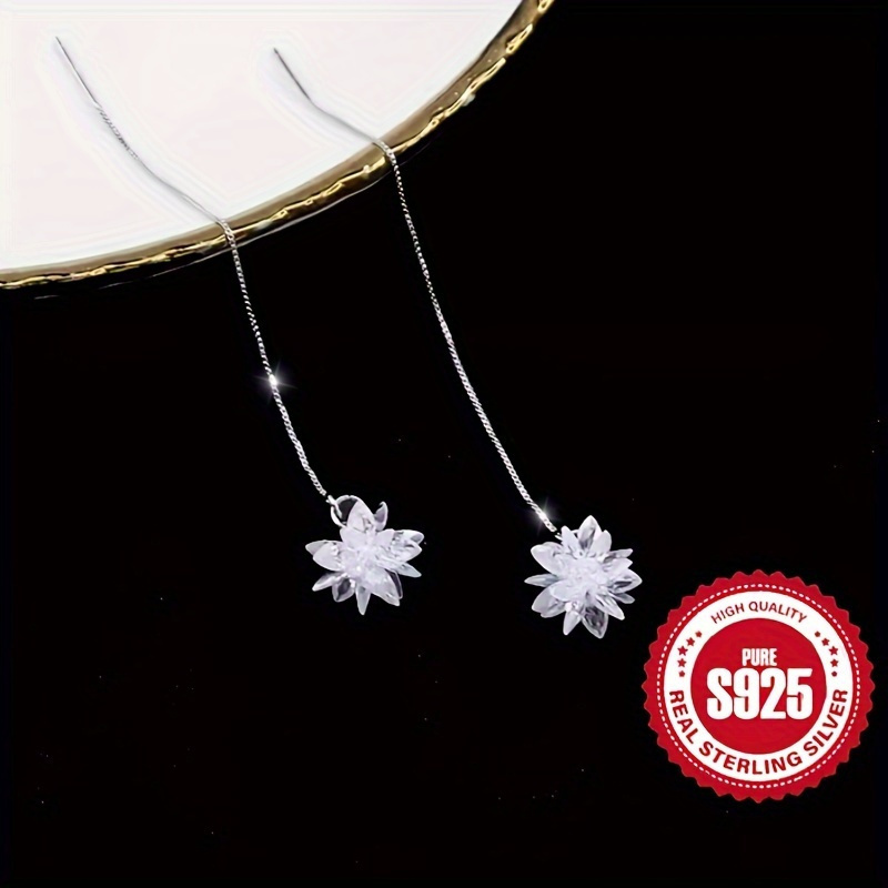 

925 Pure Silvery Flower Pendant Earrings, Decorated With Sparkling Zirconia, Suitable For Allergic , For Wedding Jewelry