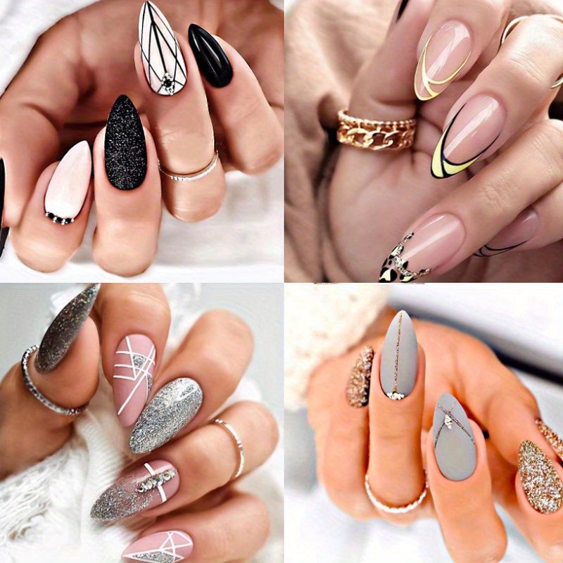 TEMU 96pcs (4 Pack) Almond Nail Pressing Medium French Tips Fake Nails Fine Glitter Matte Full Coverage Acrylic Nail Stick On Nail Fake Nails Fake